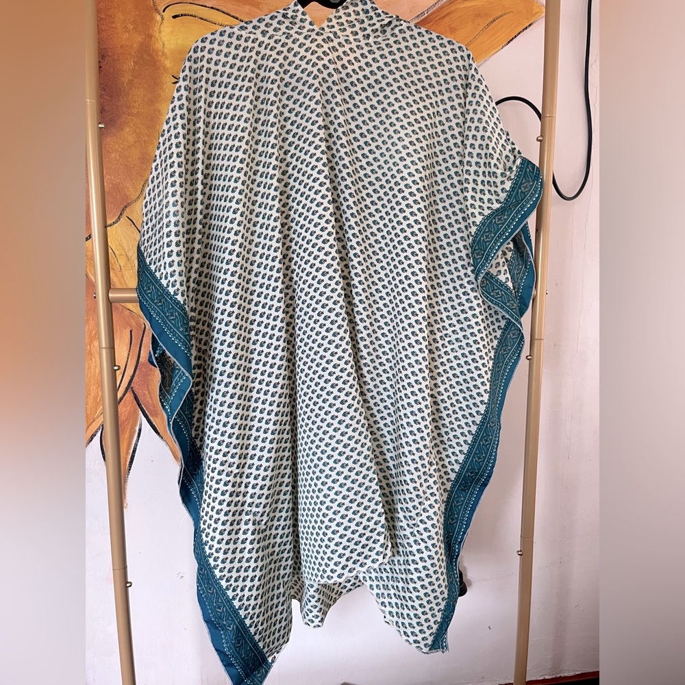 Chic Teal and White Poncho style top with hood